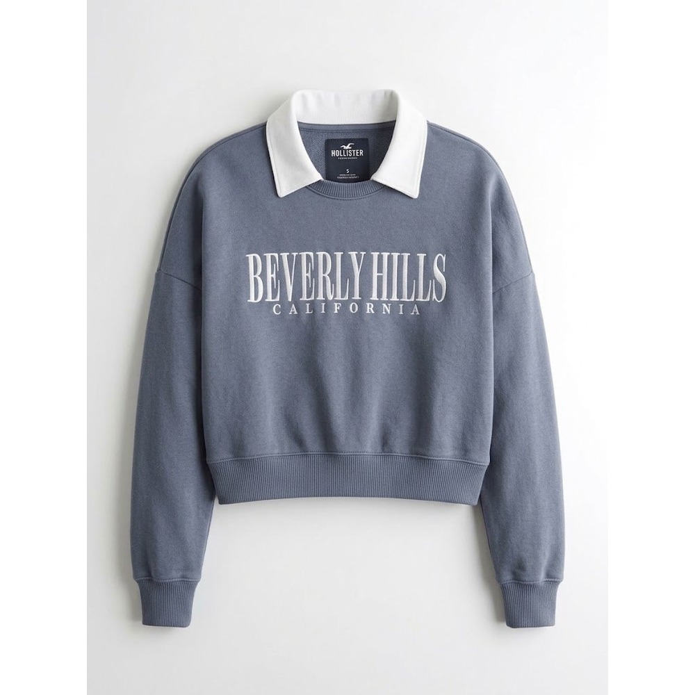 Hollister Sweatshirt Womens S Blue Beverly Hills California Crop Preppy Academic